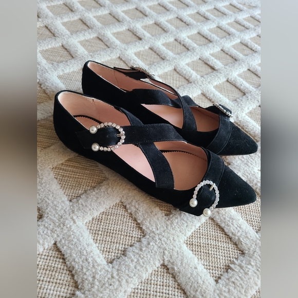 J. Crew Shoes - J.Crew Marina Black Suede Criss Cross Ballet Flats Rhinestones & Pearls Size 7